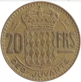 Монета 20 франков Монако 1951 года Бронза Ренье III