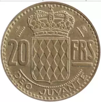 Монета 20 франков Монако 1951 года Латунь Райнер III