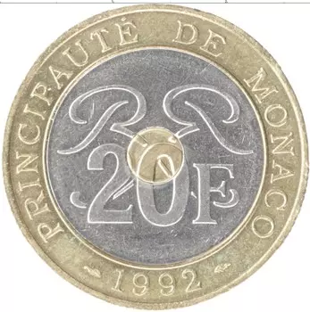 Монета 20 франков Монако 1992 года Биметалл