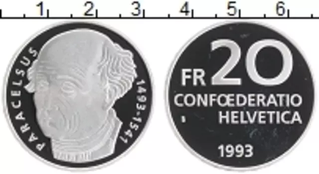 Монета 20 франков Швейцарии 1993 года Серебро 500 лет со дня рождения Парацельса