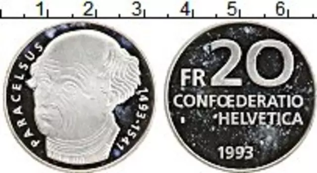 Монета 20 франков Швейцарии 1993 года Серебро Парацельс