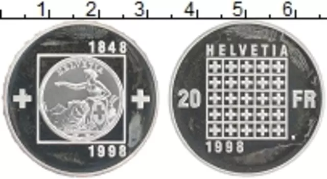 Монета 20 франков Швейцарии 1998 года Серебро 200 лет Республики