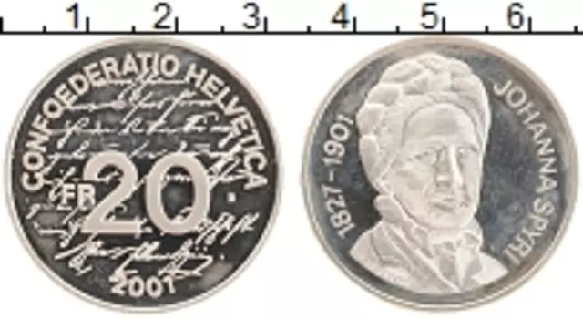 Монета 20 франков Швейцарии 2001 года Серебро 100 лет со дня смерти Йоханны Спири
