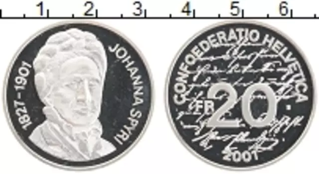 Монета 20 франков Швейцарии 2001 года Серебро Йоханна Спири