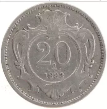 Монета 20 геллеров Австрии 1893 года Медно-никель