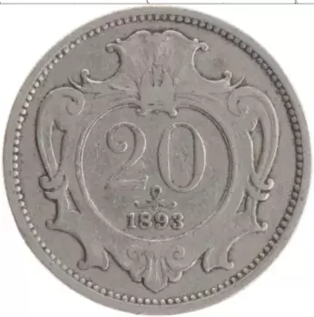 Монета 20 геллеров Австрии 1893 года Медно-никель