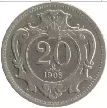 Монета 20 геллеров Австрии 1908 года Медно-никель