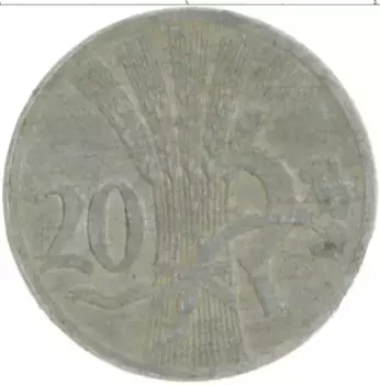 Монета 20 хеллеров Богемии и Моравии 1940 года Цинк