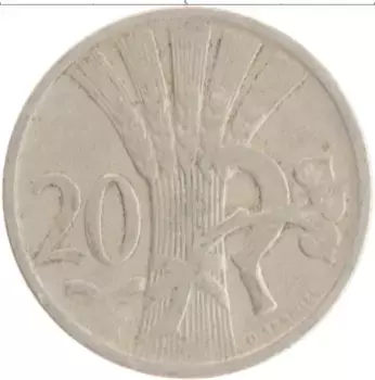 Монета 20 хеллеров Чехословакии 1921 года Медно-никель