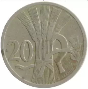 Монета 20 хеллеров Чехословакии 1921 года Медно-никель