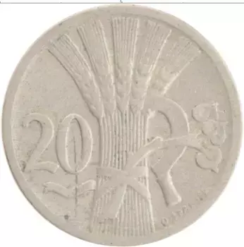 Монета 20 хеллеров Чехословакии 1924 года Медно-никель