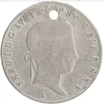 Монета 20 крейцеров Австрии 1841 года Серебро Отверстие