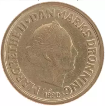 Монета 20 крон Дании 1990 года Бронза Маргрете II
