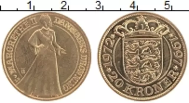 Монета 20 крон Дании 1997 года Латунь 25 лет правления Маргрете II