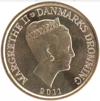 Монета 20 крон Дании 2011 года Латунь Королева Маргрете II