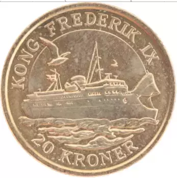 Монета 20 крон Дании 2012 года Латунь Корабль Kong Frederik IX