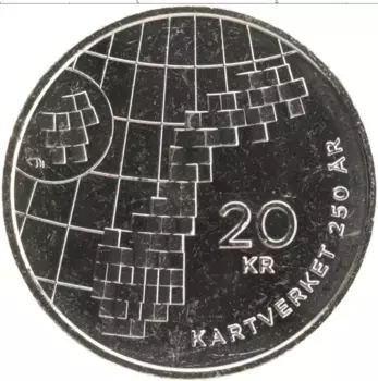 Монета 20 крон Норвегии 2023 года Медно-никель 250-лет работы Картверкета (картографического ведомства) страны