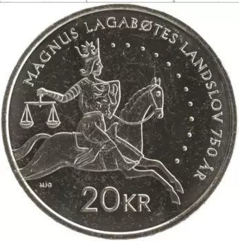 Монета 20 крон Норвегии 2024 года Медно-никель 750 лет Земскому закону Ландслов