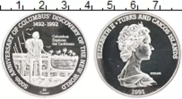Монета 20 крон Теркc и Кайкоса 1991 года Серебро 500 лет открытия Америки