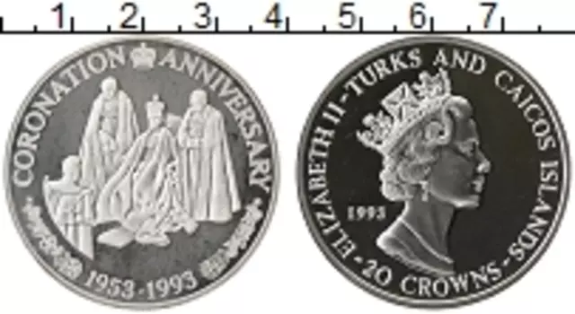 Монета 20 крон Теркc и Кайкоса 1993 года Серебро