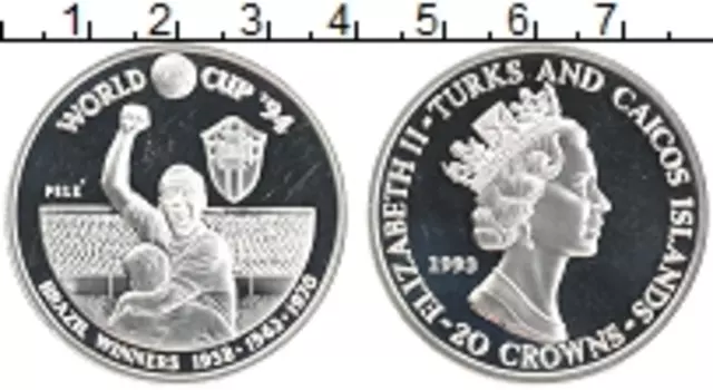 Монета 20 крон Теркc и Кайкоса 1993 года Серебро Елизавета II