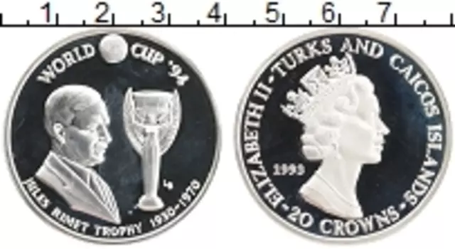 Монета 20 крон Теркc и Кайкоса 1993 года Серебро Елизавета II