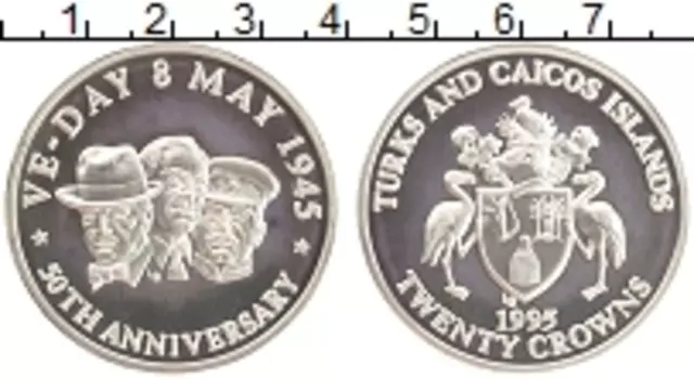 Монета 20 крон Теркc и Кайкоса 1995 года Серебро 50 лет победы
