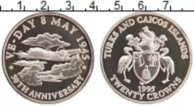 Монета 20 крон Теркc и Кайкоса 1995 года Серебро 50-летие D-DAY