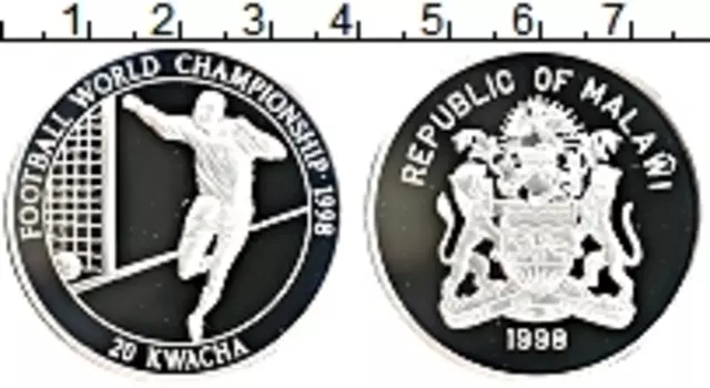 Монета 20 квач Малави 1998 года Серебро Чемпионат мира по футболу