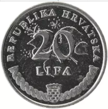 Монета 20 лип Хорватии 2014 года Медно-никель Редкость! Надпись девиза на латыни (чётный год)
