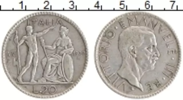 Монета 20 лир Италии 1927 года Серебро Витторио Эммануил III