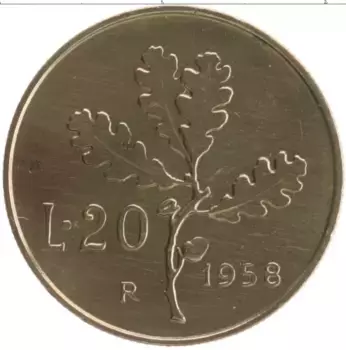 Монета 20 лир Италии 1958 года Бронза