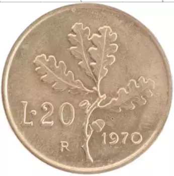 Монета 20 лир Италии 1970 года Латунь