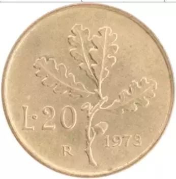 Монета 20 лир Италии 1973 года Бронза