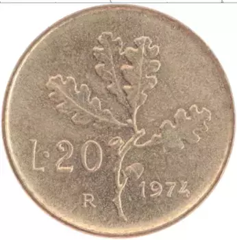 Монета 20 лир Италии 1974 года Латунь