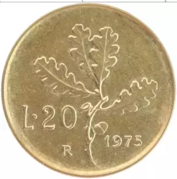 Монета 20 лир Италии 1975 года Бронза