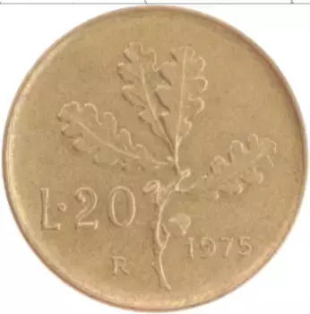 Монета 20 лир Италии 1975 года Бронза