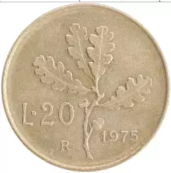 Монета 20 лир Италии 1975 года Бронза