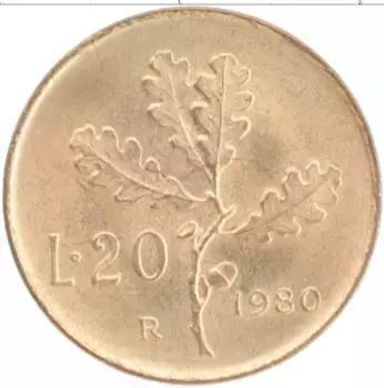 Монета 20 лир Италии 1980 года Бронза