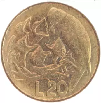 Монета 20 лир Сан-Марино 1975 года Бронза