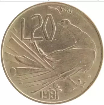 Монета 20 лир Сан-Марино 1981 года Бронза