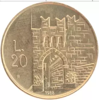 Монета 20 лир Сан-Марино 1988 года Латунь Укрепления
