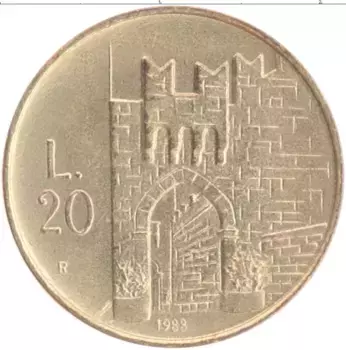 Монета 20 лир Сан-Марино 1988 года Бронза