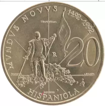 Монета 20 лир Сан-Марино 1992 года Бронза 500 лет открытия Америки