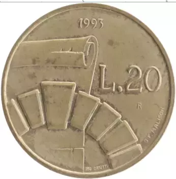 Монета 20 лир Сан-Марино 1993 года Бронза Свиток и арка