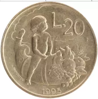 Монета 20 лир Сан-Марино 1995 года Бронза ФАО Ребёнок и рог изобилия