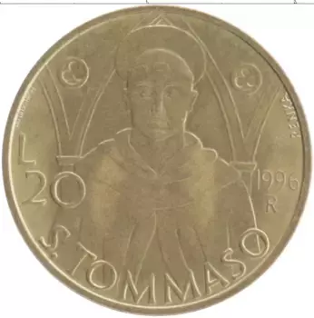 Монета 20 лир Сан-Марино 1996 года Бронза