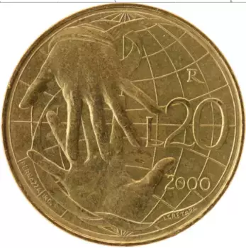 Монета 20 лир Сан-Марино 2000 года Латунь