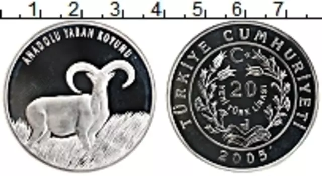 Монета 20 лир Турции 2005 года Серебро Муфлон
