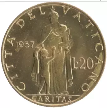 Монета 20 лир Ватикана 1957 года Бронза Пий XII